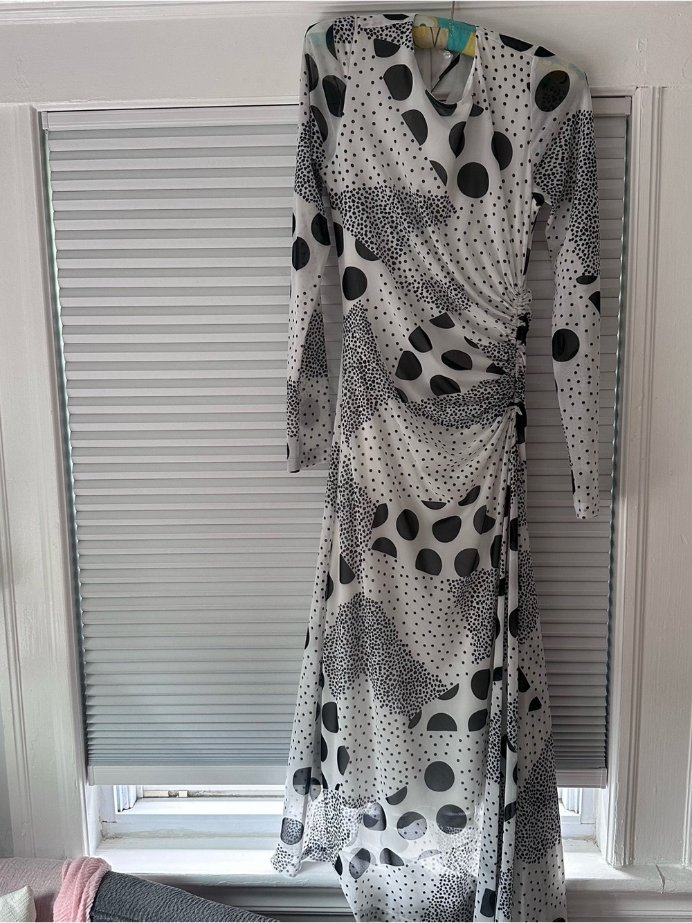 Anthropologie Black and White Long Sleeve Polka Dot Maxi Dress - Picture 3 of 5